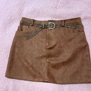 Brown Suede Mini Skirt with Chain Belt